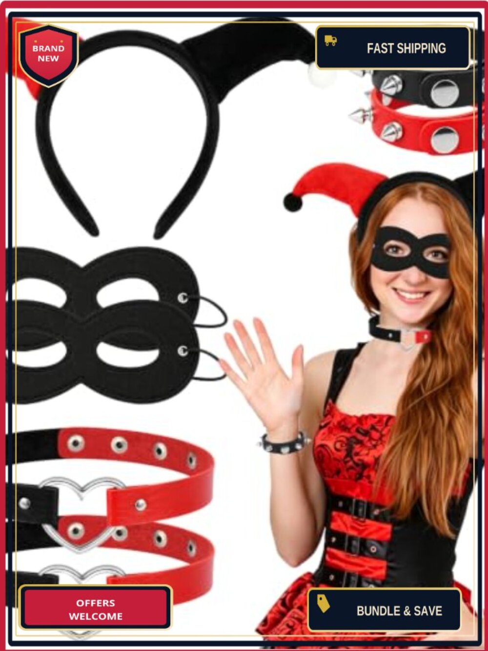 Jester Costume Accessory Set Felt Leather Headband Eye Mask Choker Wristbands